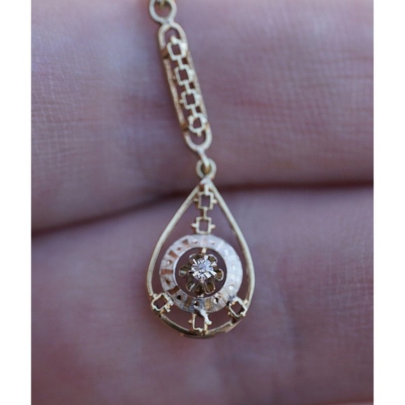 Antique 14k Solid Gold Old Mine Cut Diamond Filigree Hand Engraving Pendant - Picture 4 of 7